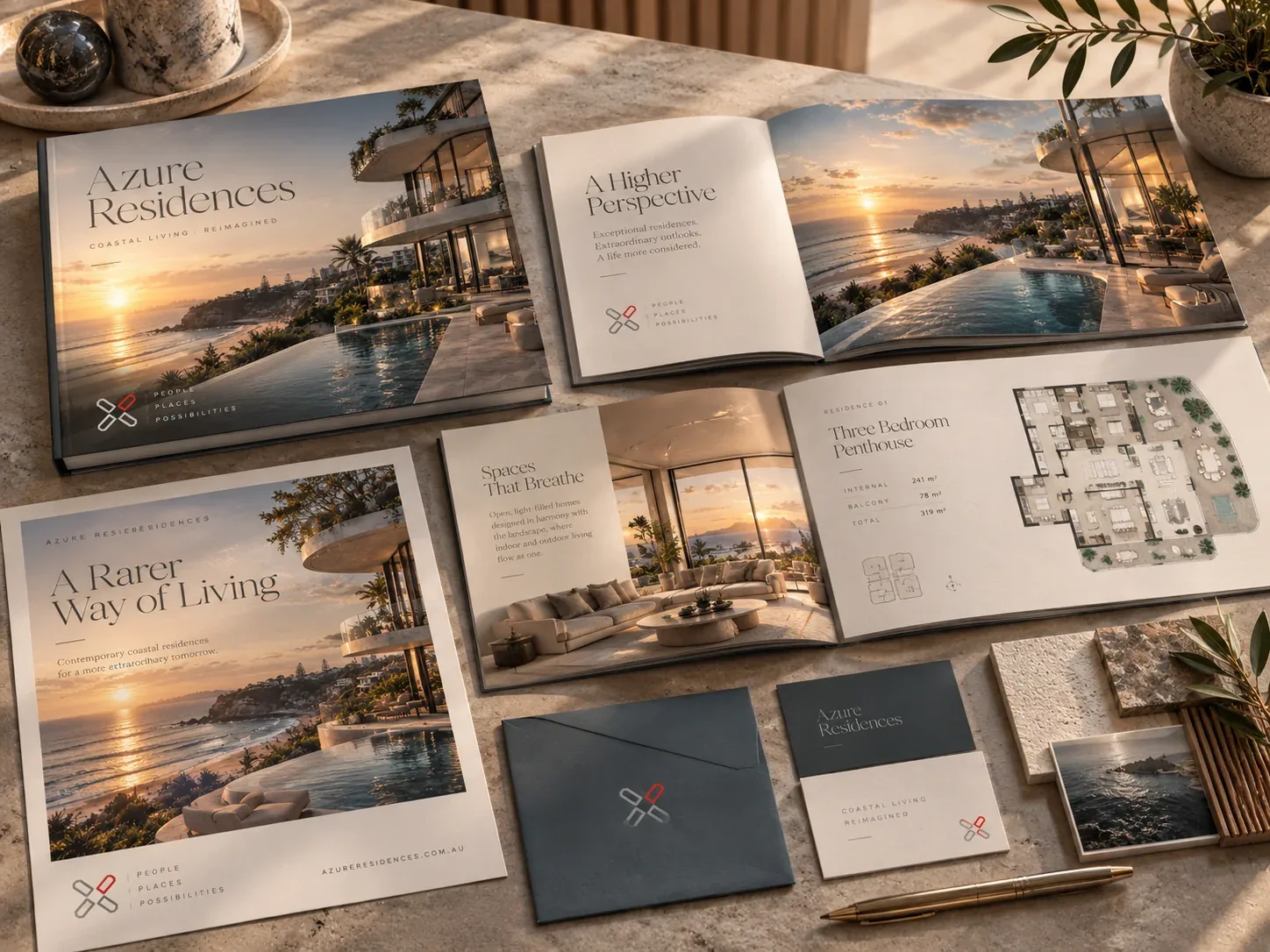 Property marketing brochure and brand system representing the value of integrated project marketing